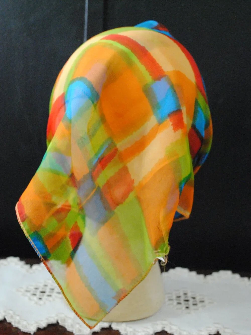 Vintage 1990s Orange, Blue, Red, & Green Color Block Chiffon Scarf